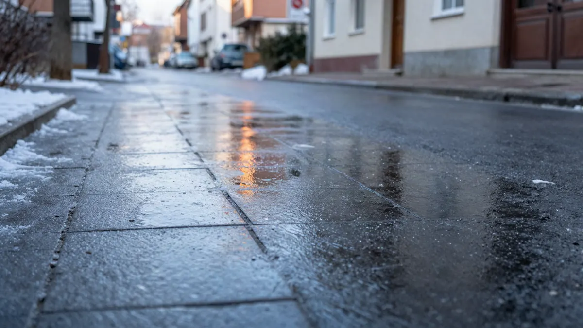 Eisregen: vereister Gehweg nach gefrierendem Regen