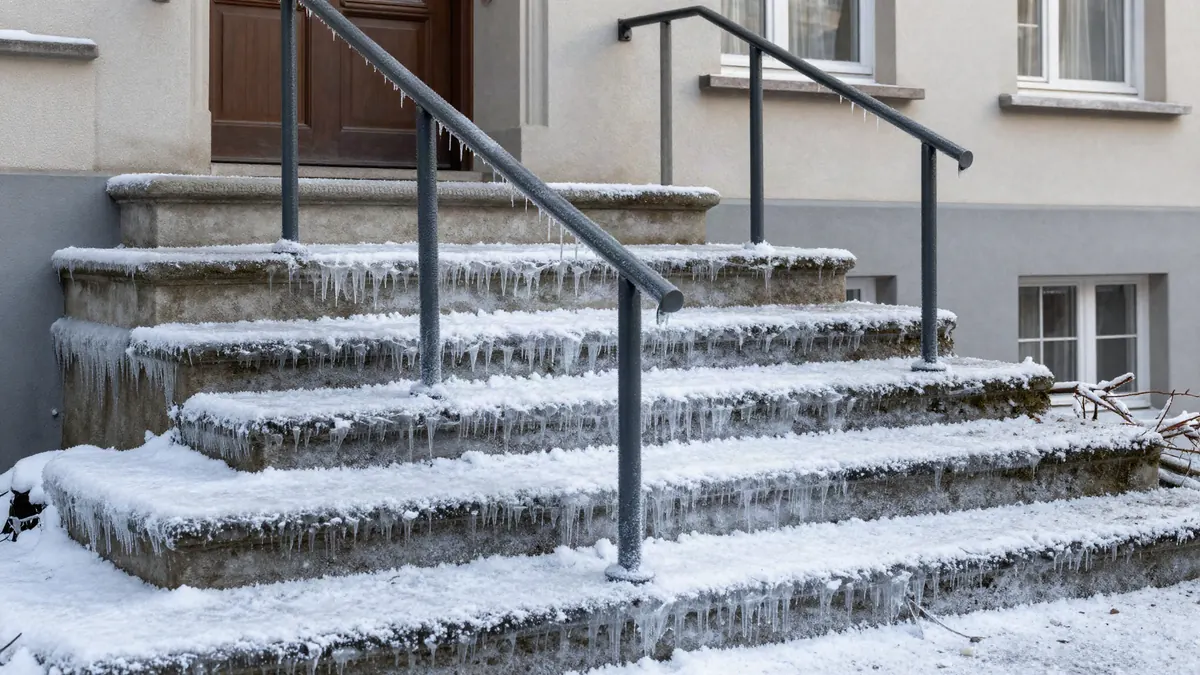 Vereiste Außentreppe mit Handlauf vor einem Wohnhaus – Rutschgefahr im Winter