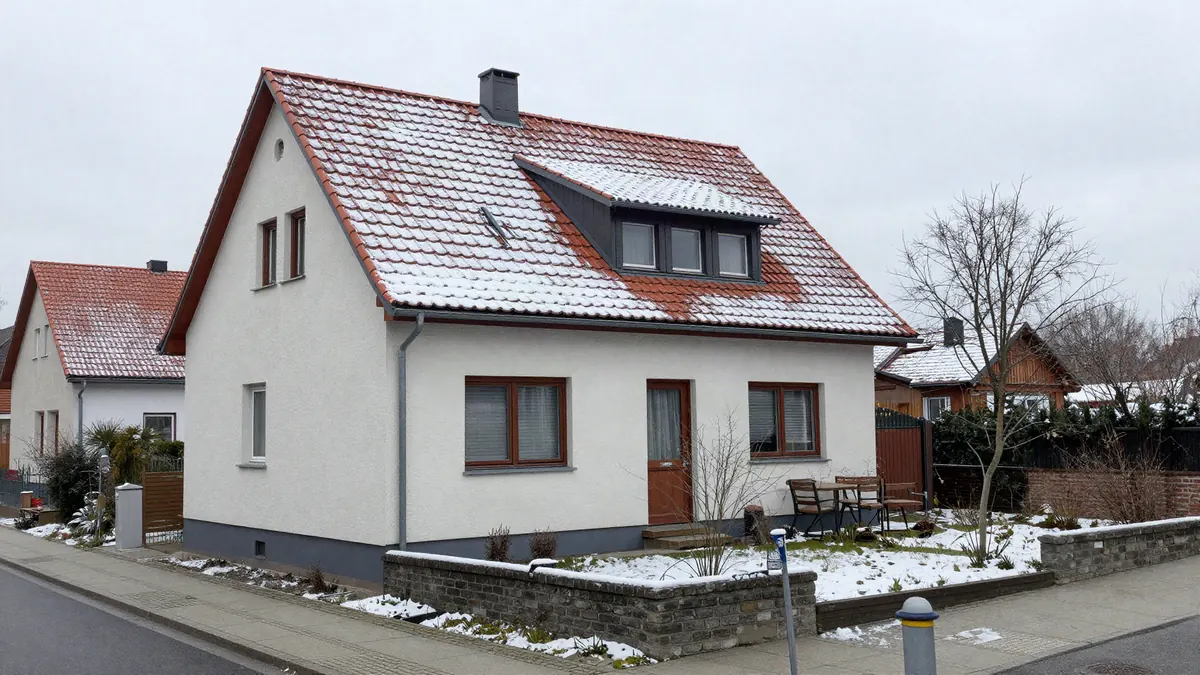Winterdienst für Einfamilienhäuser in Essen: verschneites Haus mit Gehweg am Morgen