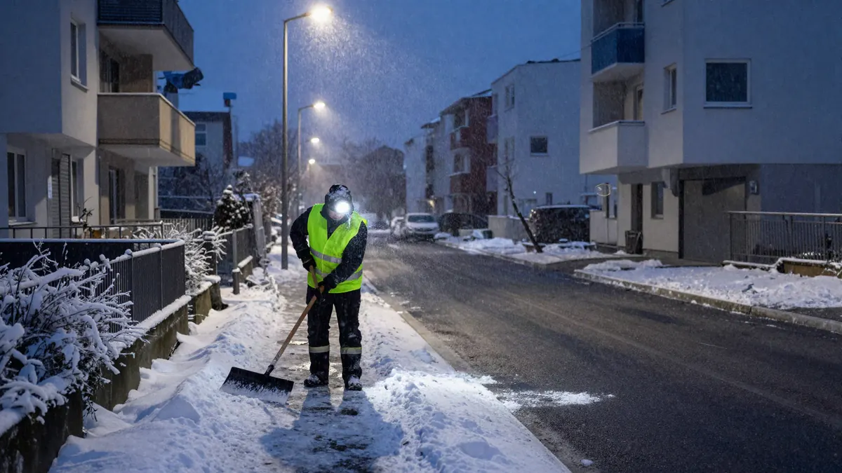 Winterdienst räumt frühmorgens vor 7 Uhr im Dunkeln den Gehweg in Essen