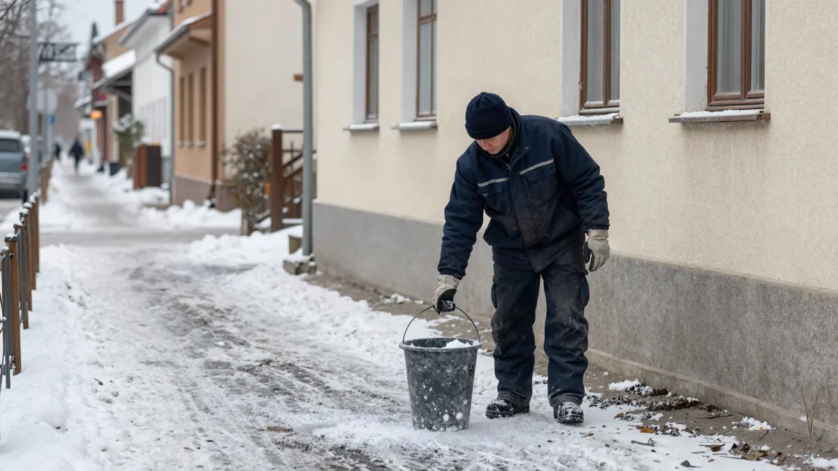 Gehweg streuen: Winterdienst-Mitarbeiter streut Granulat auf den geräumten Bürgersteig in Essen