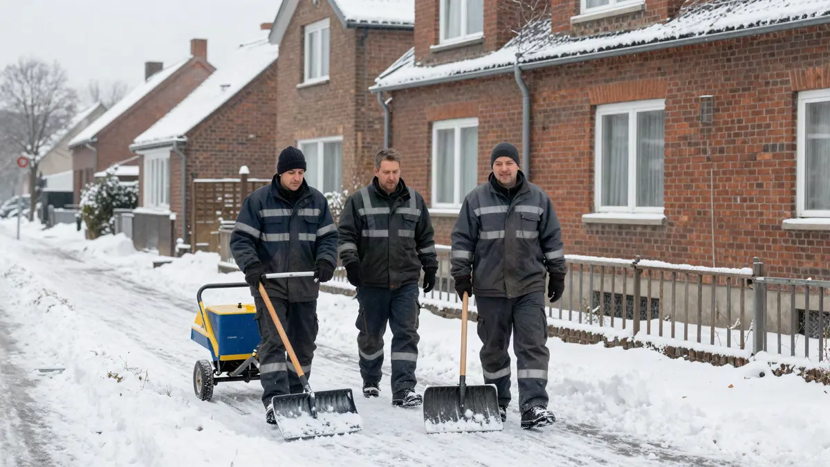 Winterdienst-Team mit Schneeschiebern und Streuwagen vor Backsteinhäusern im Ruhrgebiet